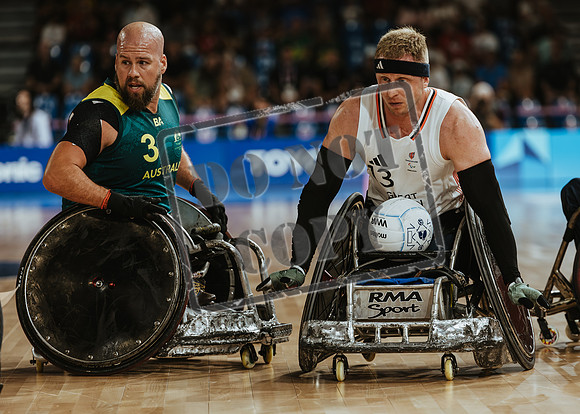 Wheelchair rugby at the Champs de Mar Stadium at the Paris Paralympics 2024 between Paralympics Gb and Paralympics Australia and Paralympics USA and Paralympics Canada