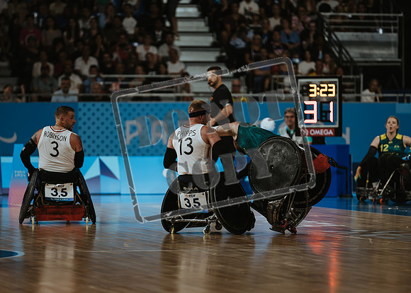 Wheelchair rugby at the Champs de Mar Stadium at the Paris Paralympics 2024 between Paralympics Gb and Paralympics Australia and Paralympics USA and Paralympics Canada