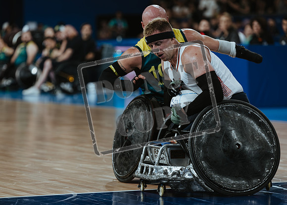 Wheelchair rugby at the Champs de Mar Stadium at the Paris Paralympics 2024 between Paralympics Gb and Paralympics Australia and Paralympics USA and Paralympics Canada