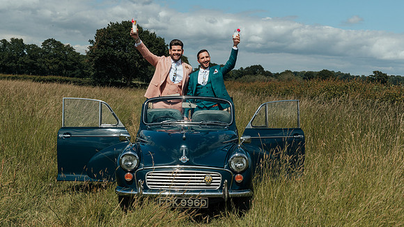 Ed and Andrew's tropical themed summer solstice Wedding at Fraser's in Egerton, Kent