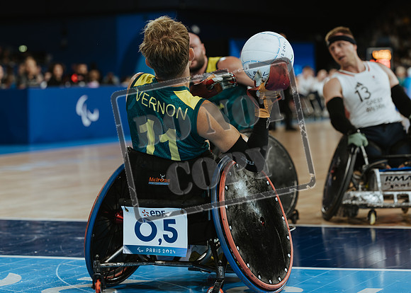 Wheelchair rugby at the Champs de Mar Stadium at the Paris Paralympics 2024 between Paralympics Gb and Paralympics Australia and Paralympics USA and Paralympics Canada
