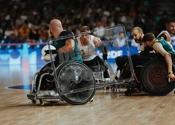 Wheelchair rugby at the Champs de Mar Stadium at the Paris Paralympics 2024 between Paralympics Gb and Paralympics Australia and Paralympics USA and Paralympics Canada