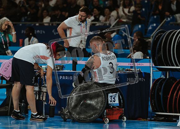 Wheelchair rugby at the Champs de Mar Stadium at the Paris Paralympics 2024 between Paralympics Gb and Paralympics Australia and Paralympics USA and Paralympics Canada
