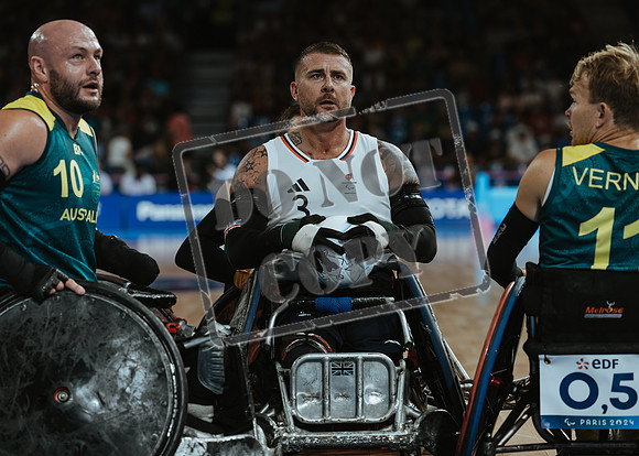 Wheelchair rugby at the Champs de Mar Stadium at the Paris Paralympics 2024 between Paralympics Gb and Paralympics Australia and Paralympics USA and Paralympics Canada