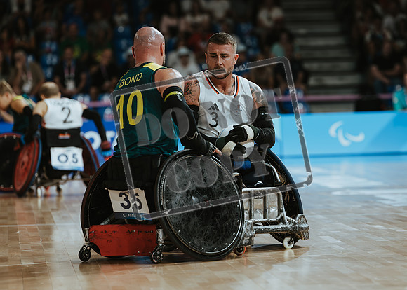 Wheelchair rugby at the Champs de Mar Stadium at the Paris Paralympics 2024 between Paralympics Gb and Paralympics Australia and Paralympics USA and Paralympics Canada