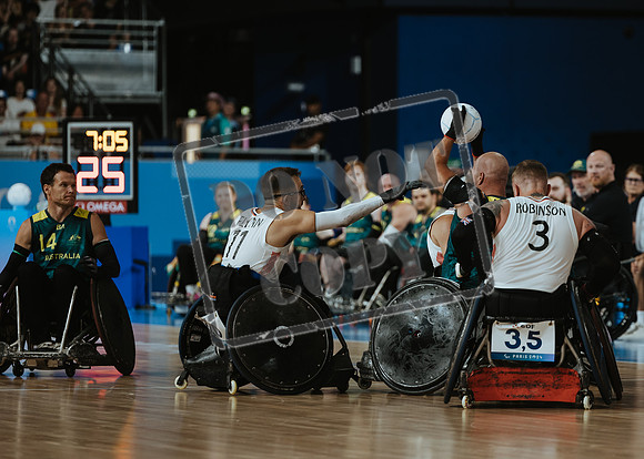 Wheelchair rugby at the Champs de Mar Stadium at the Paris Paralympics 2024 between Paralympics Gb and Paralympics Australia and Paralympics USA and Paralympics Canada