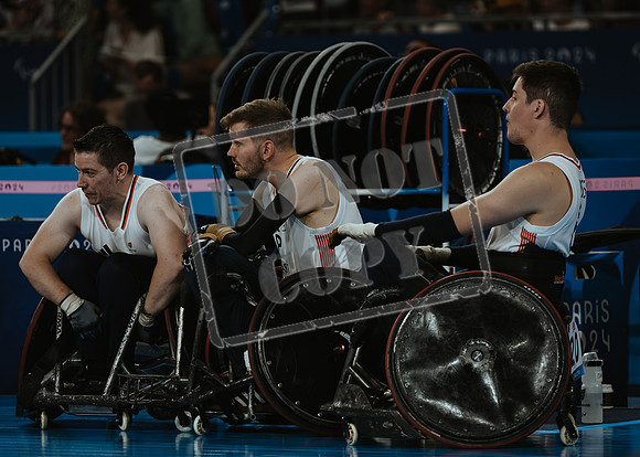 Wheelchair rugby at the Champs de Mar Stadium at the Paris Paralympics 2024 between Paralympics Gb and Paralympics Australia and Paralympics USA and Paralympics Canada