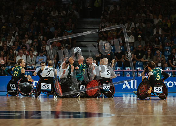 Wheelchair rugby at the Champs de Mar Stadium at the Paris Paralympics 2024 between Paralympics Gb and Paralympics Australia and Paralympics USA and Paralympics Canada