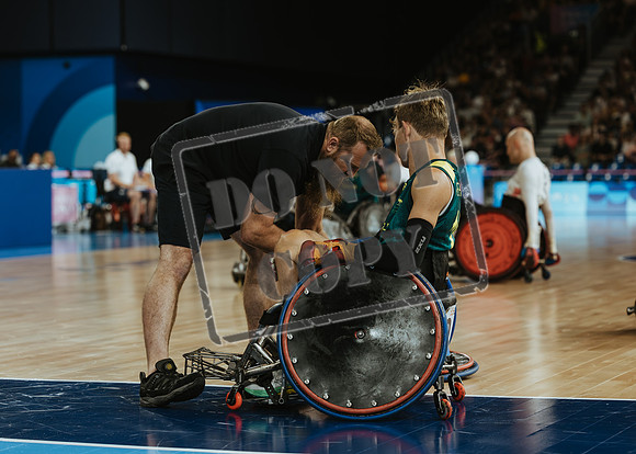 Wheelchair rugby at the Champs de Mar Stadium at the Paris Paralympics 2024 between Paralympics Gb and Paralympics Australia and Paralympics USA and Paralympics Canada