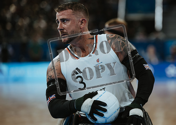 Wheelchair rugby at the Champs de Mar Stadium at the Paris Paralympics 2024 between Paralympics Gb and Paralympics Australia and Paralympics USA and Paralympics Canada