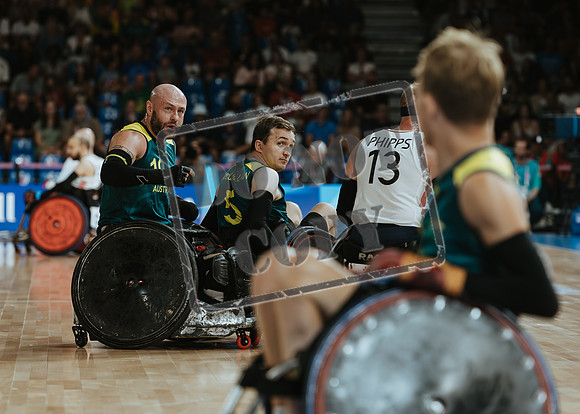 Wheelchair rugby at the Champs de Mar Stadium at the Paris Paralympics 2024 between Paralympics Gb and Paralympics Australia and Paralympics USA and Paralympics Canada