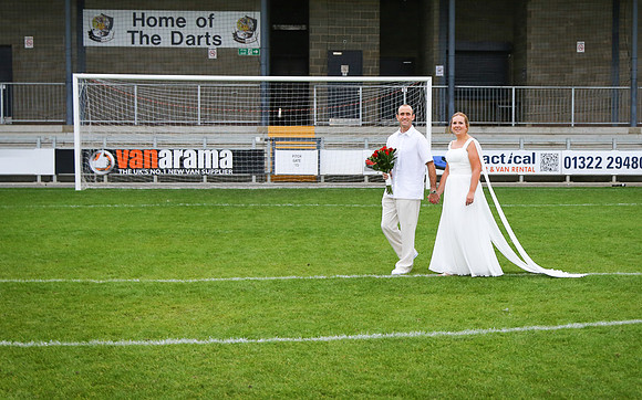 Bride and Groom on the pitch at Dartford football Club