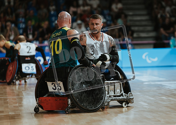 Wheelchair rugby at the Champs de Mar Stadium at the Paris Paralympics 2024 between Paralympics Gb and Paralympics Australia and Paralympics USA and Paralympics Canada
