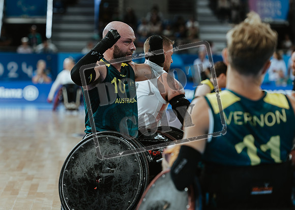 Wheelchair rugby at the Champs de Mar Stadium at the Paris Paralympics 2024 between Paralympics Gb and Paralympics Australia and Paralympics USA and Paralympics Canada