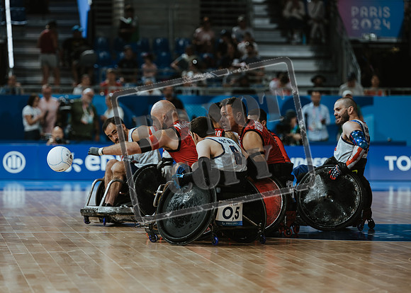 Wheelchair rugby at the Champs de Mar Stadium at the Paris Paralympics 2024 between Paralympics Gb and Paralympics Australia and Paralympics USA and Paralympics Canada
