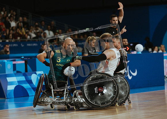 Wheelchair rugby at the Champs de Mar Stadium at the Paris Paralympics 2024 between Paralympics Gb and Paralympics Australia and Paralympics USA and Paralympics Canada