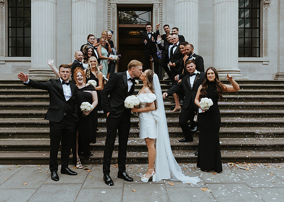 An intimate London city wedding at Marylebone Town Hall with a relaxed Italian luxe style outside reception in Bredgar, Kent