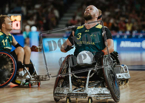 Wheelchair rugby at the Champs de Mar Stadium at the Paris Paralympics 2024 between Paralympics Gb and Paralympics Australia and Paralympics USA and Paralympics Canada