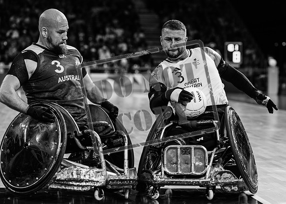 Wheelchair rugby at the Champs de Mar Stadium at the Paris Paralympics 2024 between Paralympics Gb and Paralympics Australia and Paralympics USA and Paralympics Canada