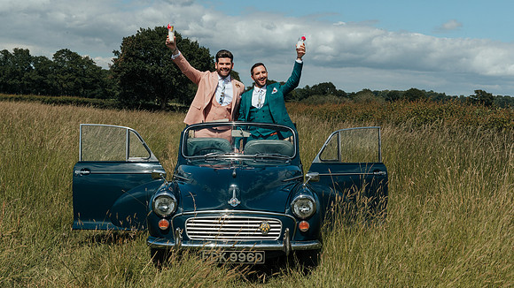 Ed and Andrew's tropical themed summer solstice Wedding at Fraser's in Egerton, Kent