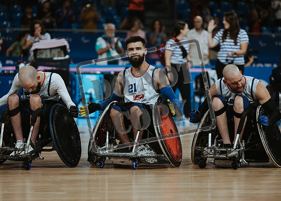 Wheelchair rugby at the Champs de Mar Stadium at the Paris Paralympics 2024 between Paralympics Gb and Paralympics Australia and Paralympics USA and Paralympics Canada