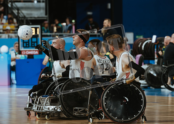 Wheelchair rugby at the Champs de Mar Stadium at the Paris Paralympics 2024 between Paralympics Gb and Paralympics Australia and Paralympics USA and Paralympics Canada