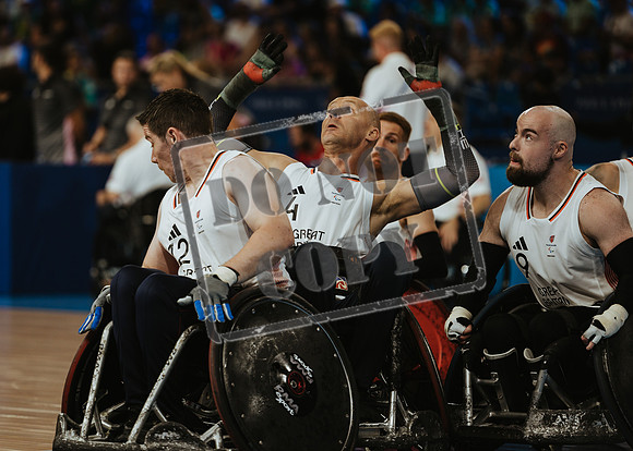 Wheelchair rugby at the Champs de Mar Stadium at the Paris Paralympics 2024 between Paralympics Gb and Paralympics Australia and Paralympics USA and Paralympics Canada
