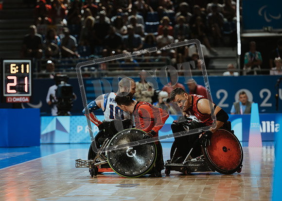 Wheelchair rugby at the Champs de Mar Stadium at the Paris Paralympics 2024 between Paralympics Gb and Paralympics Australia and Paralympics USA and Paralympics Canada
